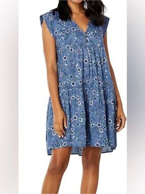 Lucky Brand Blue Floral V-Neck Tiered Women's Dress XL